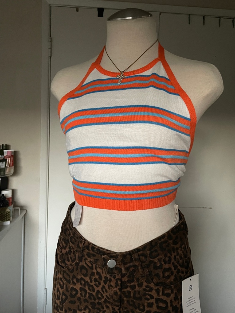 Striped Halter Crop Top in Orange, Blue and White